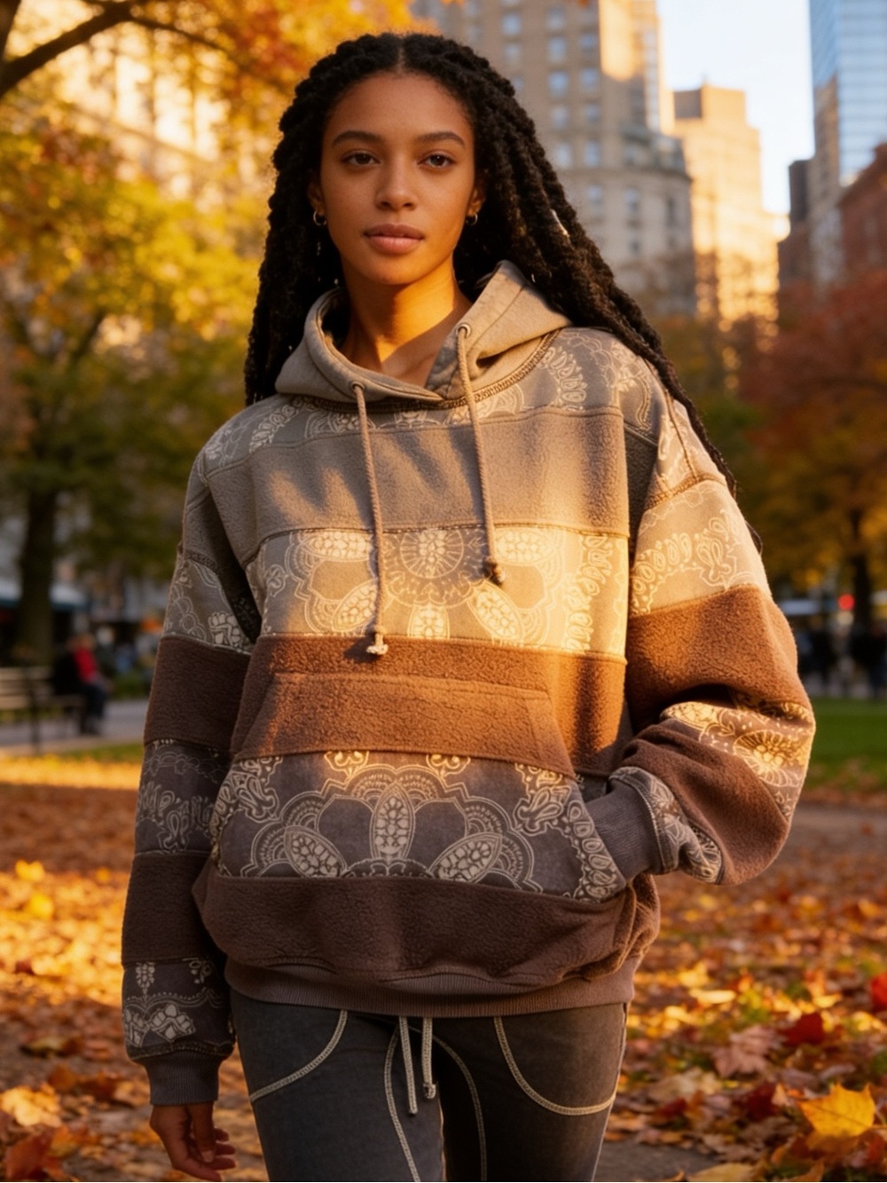 Free People Final Call Boho Hoodie Slouchy Silhouette Brown&Gray Bandana Print M